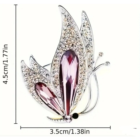 Silver butterfly brooch‎ with pink purple gem - Picture 2 of 4
